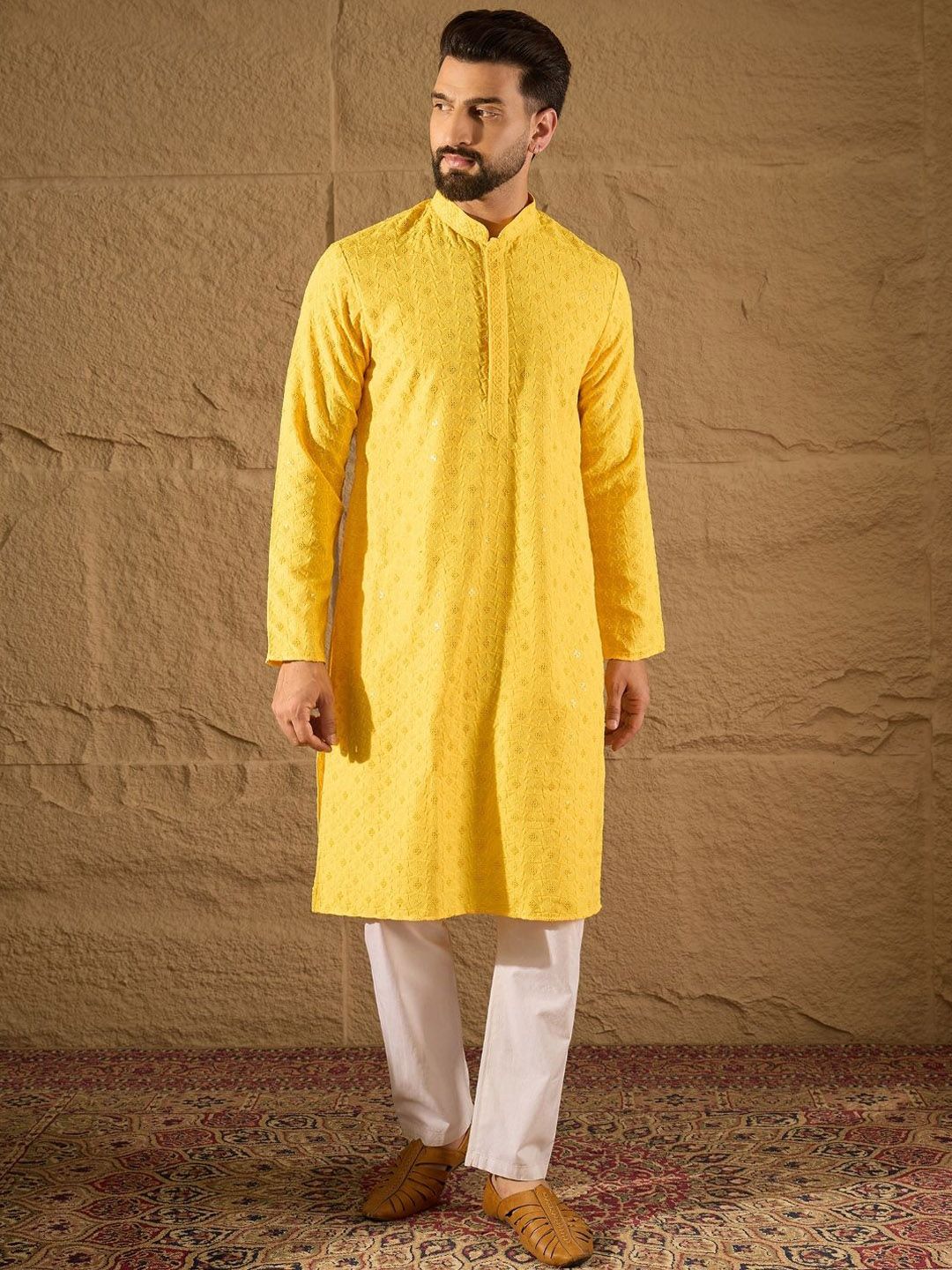 Men Yellow Viscose Rayon Solid Embroidered Straight Kurta With Pant Set-MKSET1222