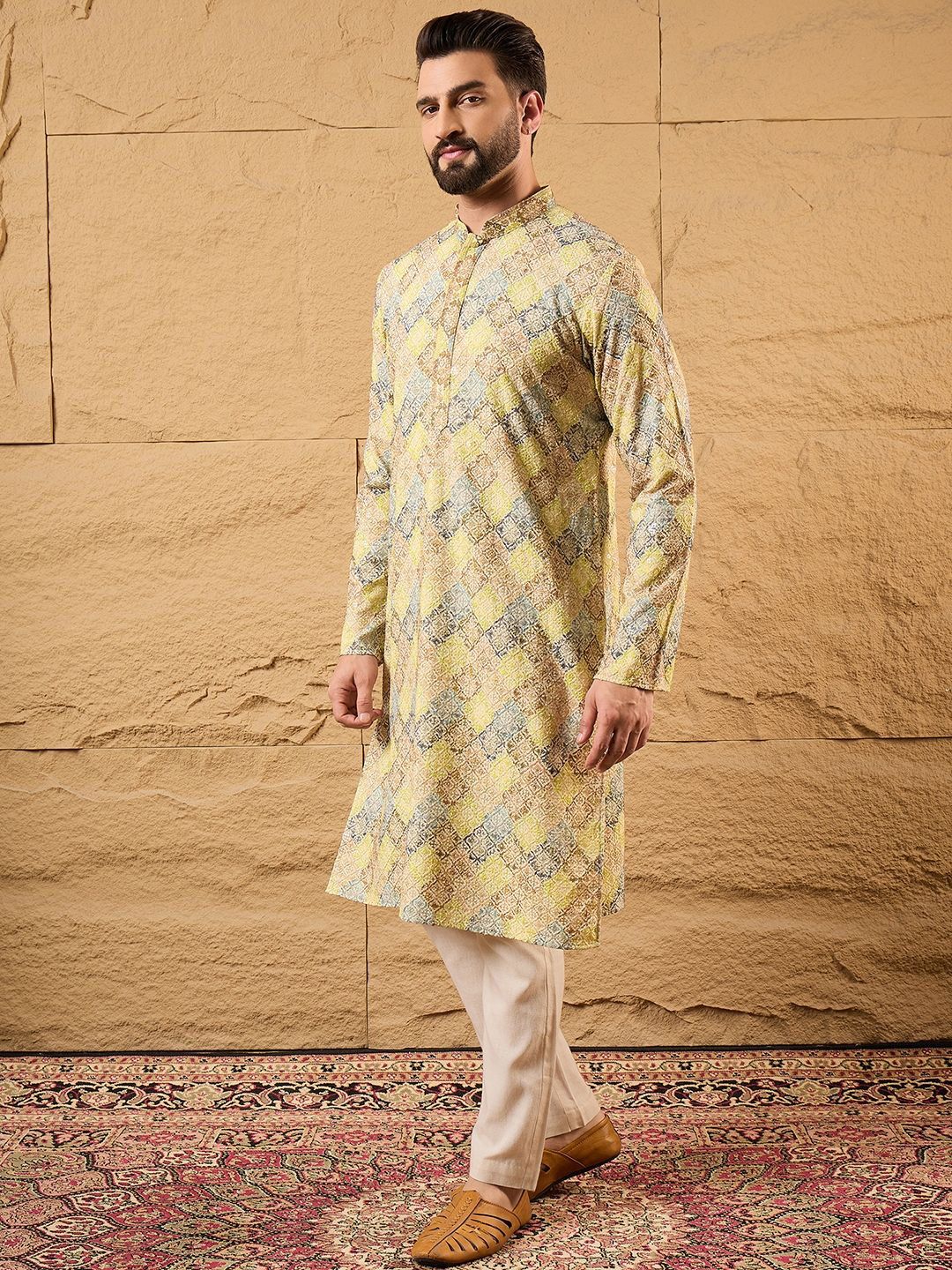 Men Yellow Viscose Rayon Bandhani Embroidered Straight Kurta With Pant Set-MKSET1192