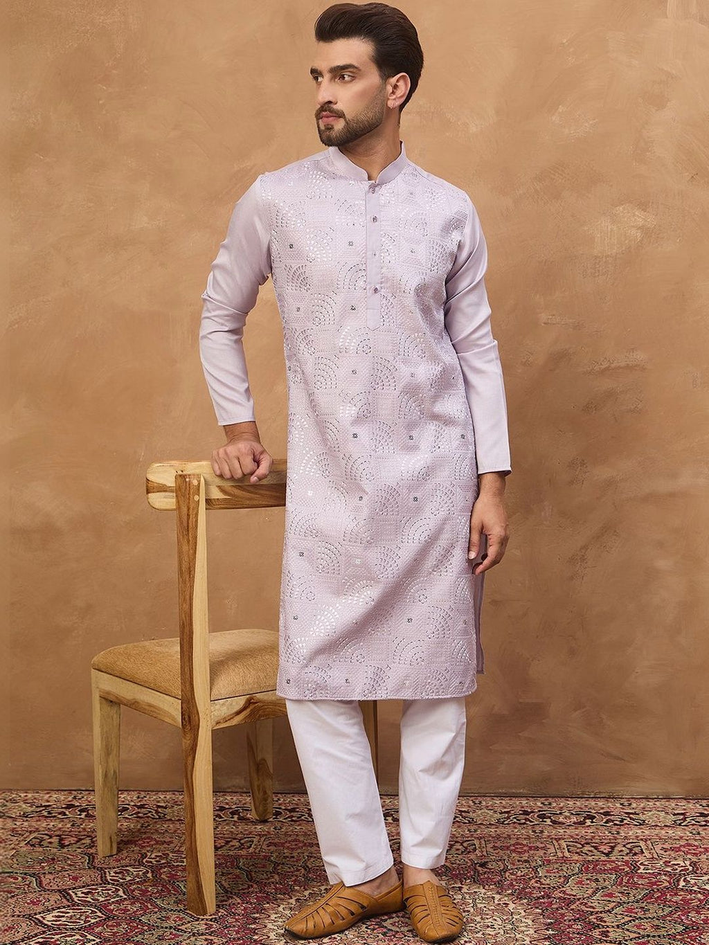 Men Lavender Silk Blend Solid Embroidered Straight Kurta With Pant Set-MKSET1443