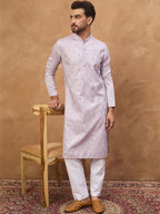 Men Lavender Silk Blend Solid Embroidered Straight Kurta With Pant Set-MKSET1443