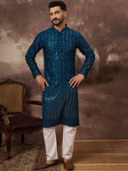Men Blue Silk Blend Solid Embroidered Straight Kurta With Pant Set-MKSET1358