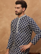 Men Blue Viscose Rayon Shibori Embroidered Straight Kurta With Pant Set-MKSET1534