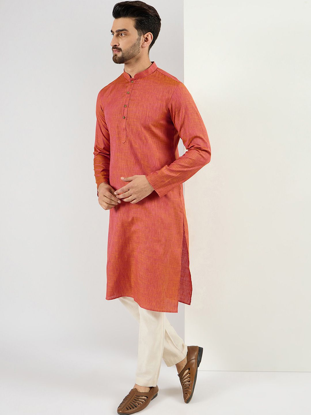Men Orange Cotton Solid Woven Design Straight Kurta With Pant Set-MKSET1094