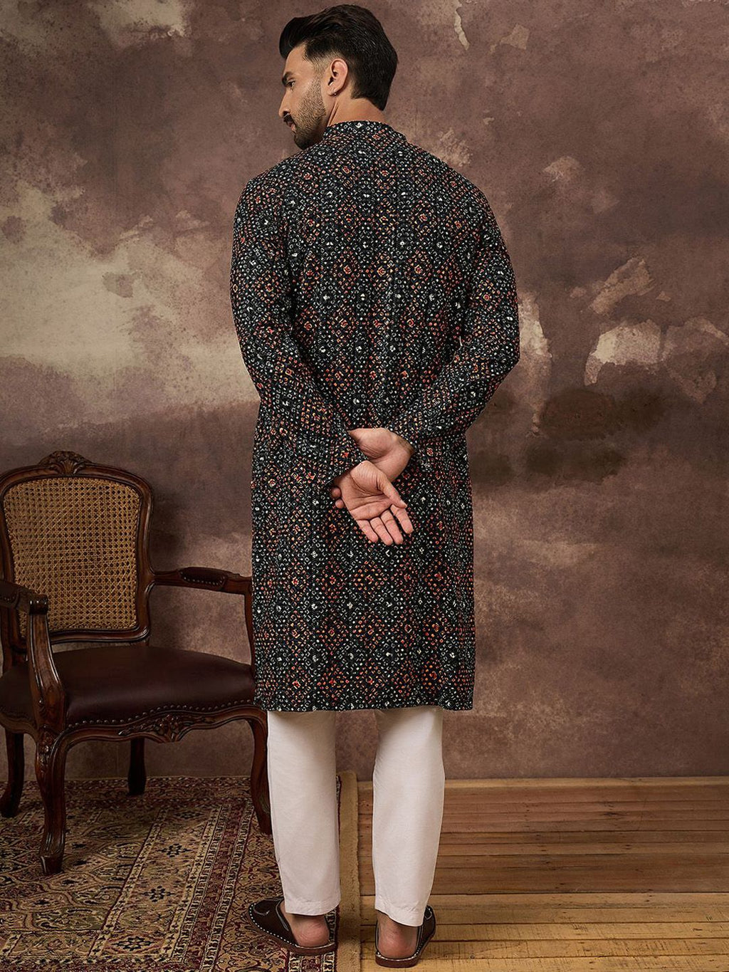 Men Black Viscose Rayon Bandhani Embroidered Straight Kurta With Pant Set-MKSET1402