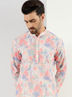 Men Off White Viscose Rayon Abstract Embroidered Straight Kurta With Pant Set-MKSET1082
