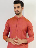 Men Orange Cotton Solid Woven Design Straight Kurta With Pant Set-MKSET1094