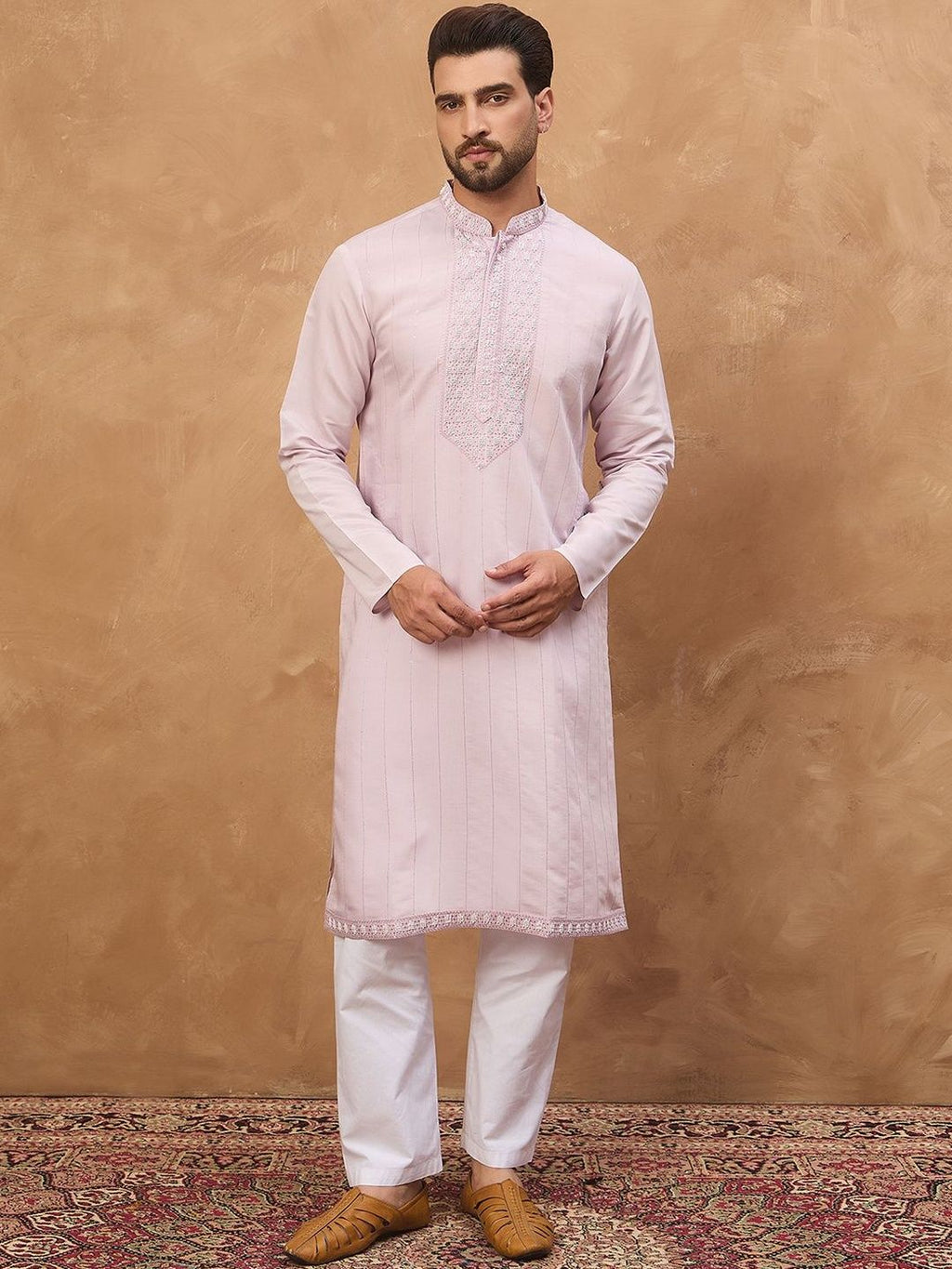 Men Lavender Silk Blend Solid Embroidered Straight Kurta With Pant Set-MKSET1449