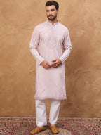 Men Lavender Silk Blend Solid Embroidered Straight Kurta With Pant Set-MKSET1449