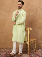 Men Green Silk Blend Solid Embroidered Straight Kurta With Pant Set-MKSET1451