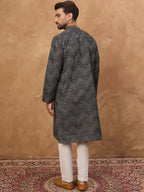 Men Black Silk Blend Geometric Printed Straight Kurta With Pant Set-MKSET1520