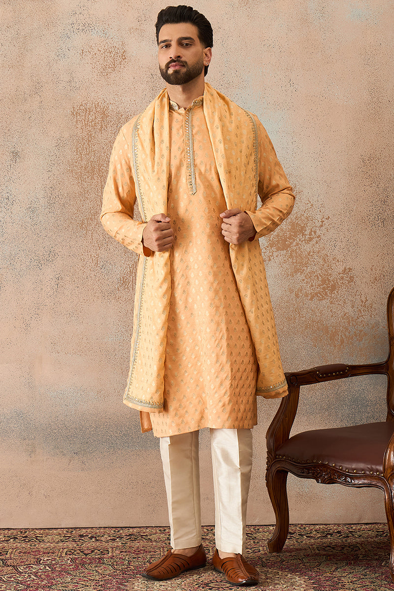 Peach Jacquard Woven Design Floral Straight Kurta Sets MKPD1017
