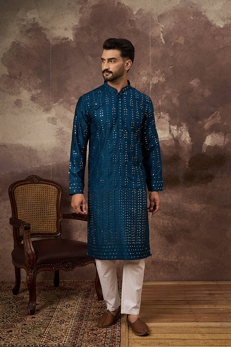 Blue Silk Blend Solid Embroidered Straight Kurta MKU1358
