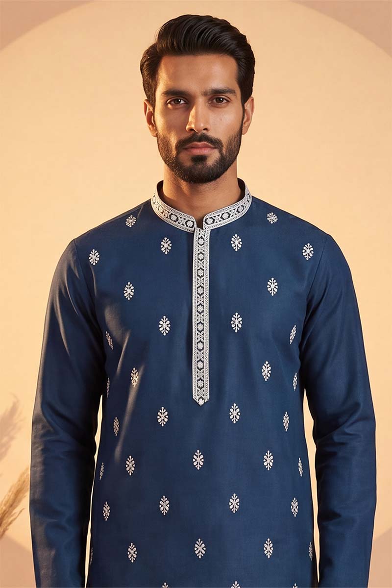 Silk Blend Blue Solid Embroidered Calf Length Straight Kurta MKU2274
