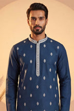 Silk Blend Blue Solid Embroidered Calf Length Straight Kurta MKU2274