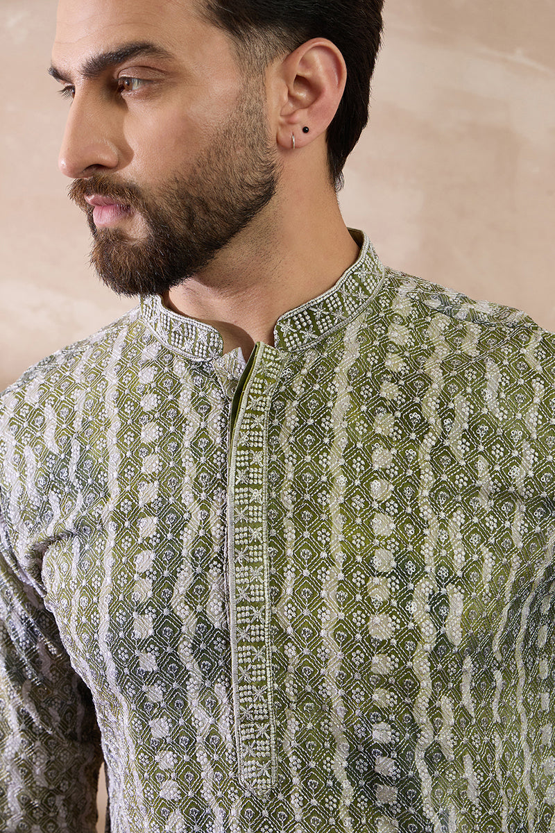 Green Silk Blend Printed Indian Wear for Men MKSET1661 | DesiQlo