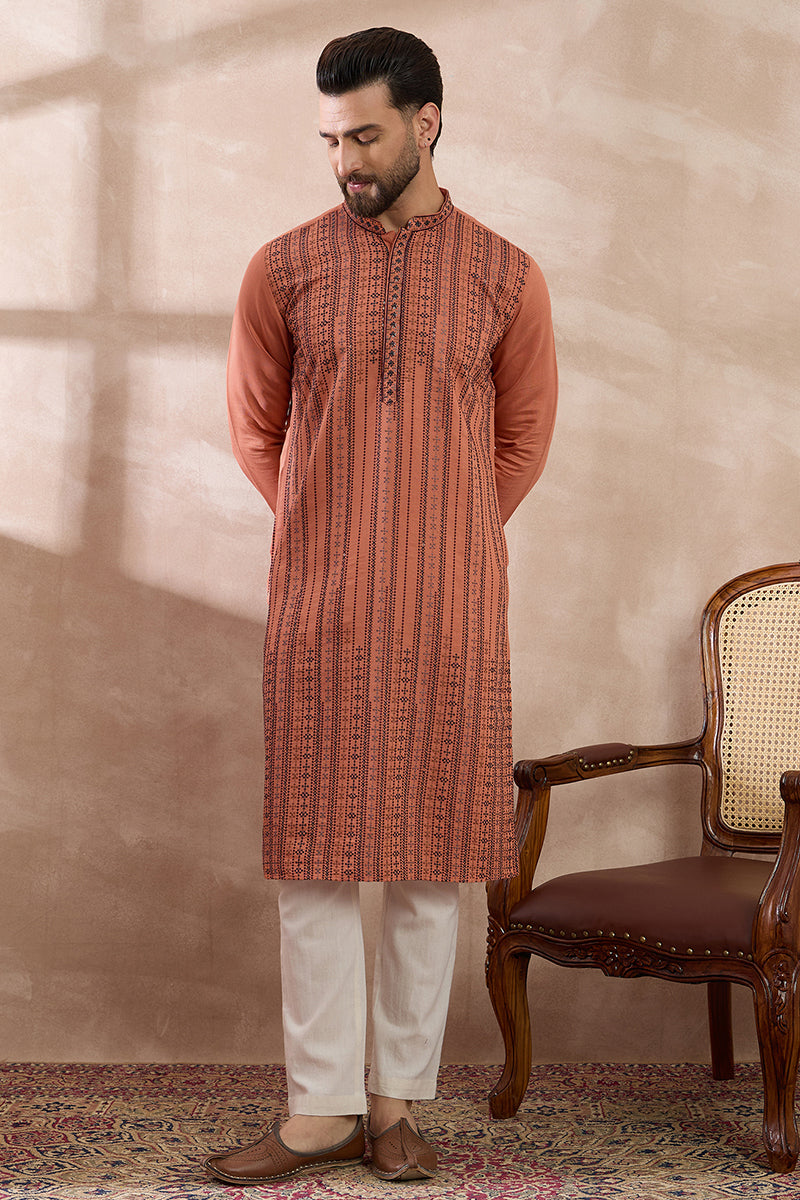 Orange Silk Blend Embroidered Indian Wear for Men MKSET2043 | DesiQlo