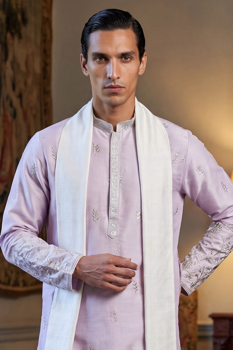 Lavender Silk Blend Floral Embroidered Straight Kurta Sets MKPD1781