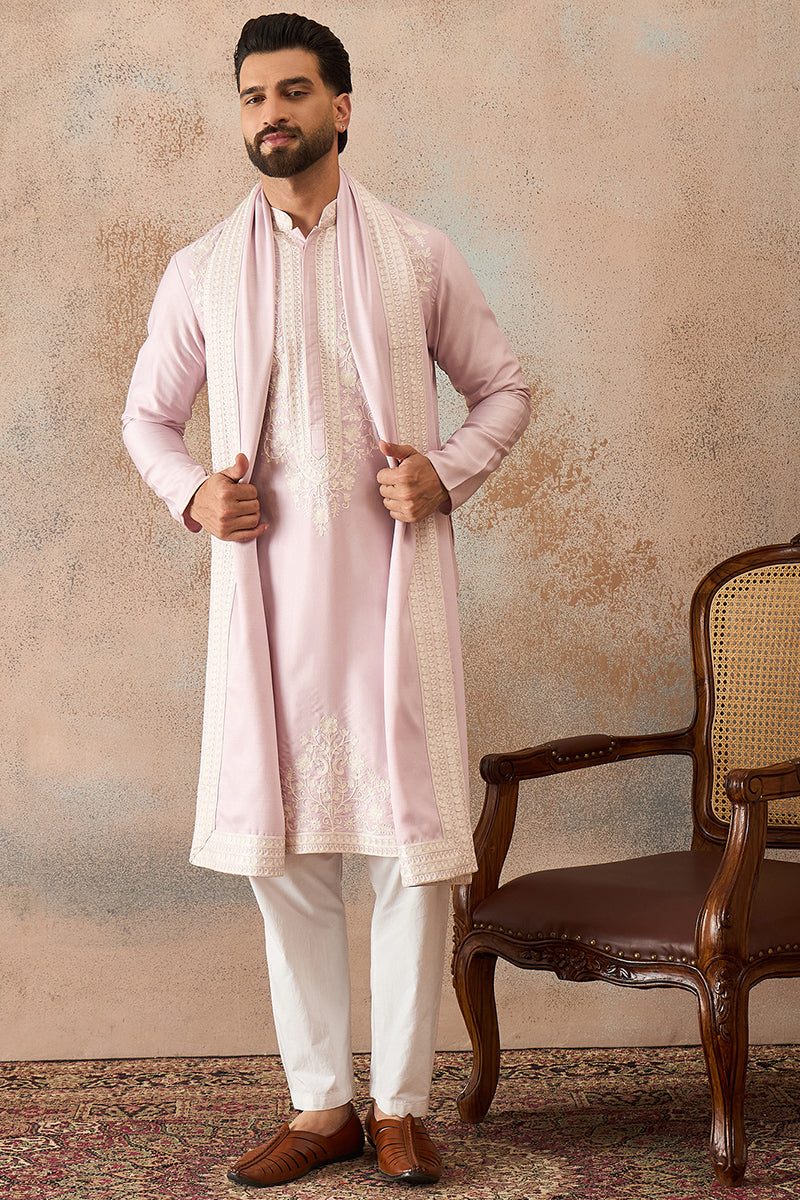 Lavender Silk Blend Solid Embroidered Kurta Trouser With Dupatta MKPD1038