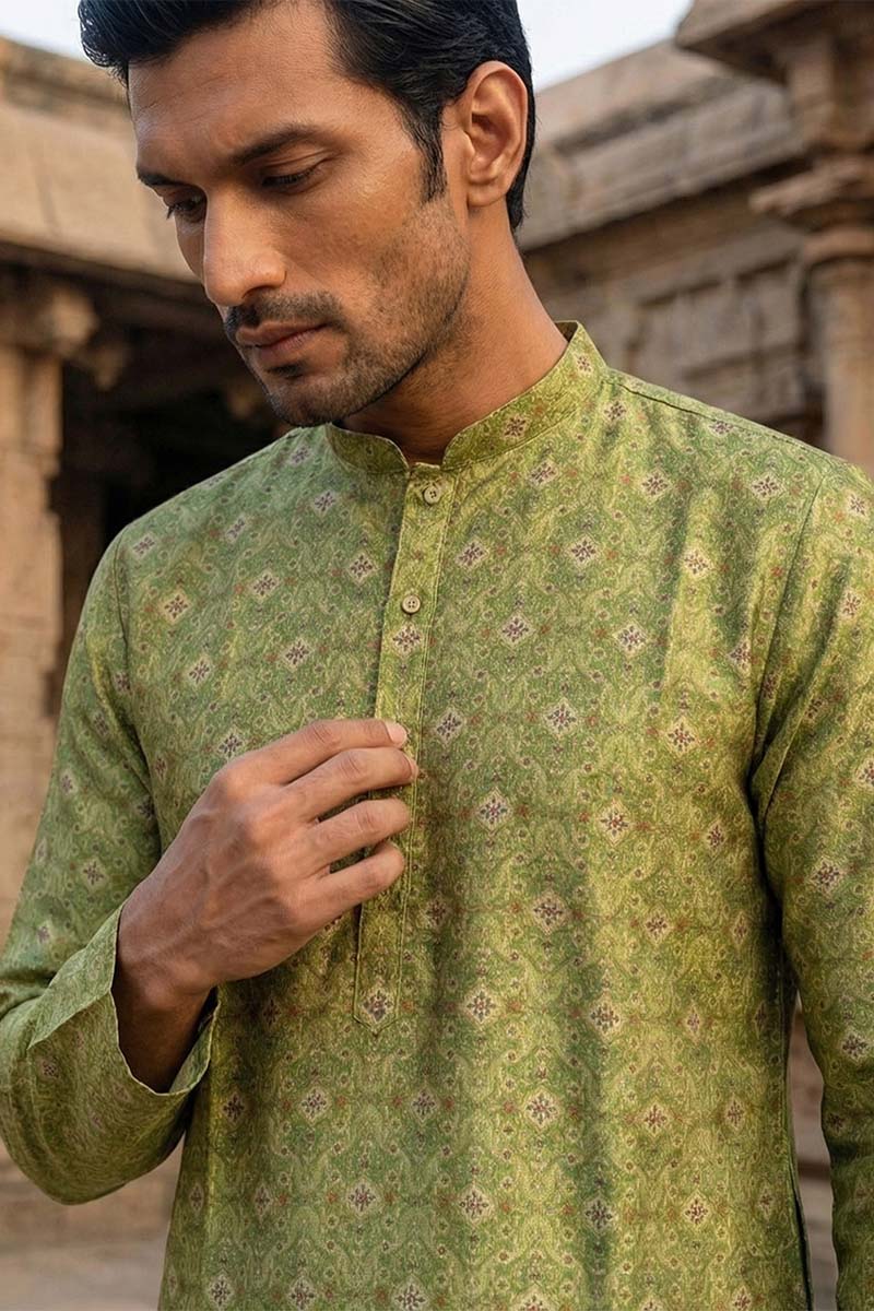 Green Silk Blend Printed Straight Kurta With Trousers MKSET1910