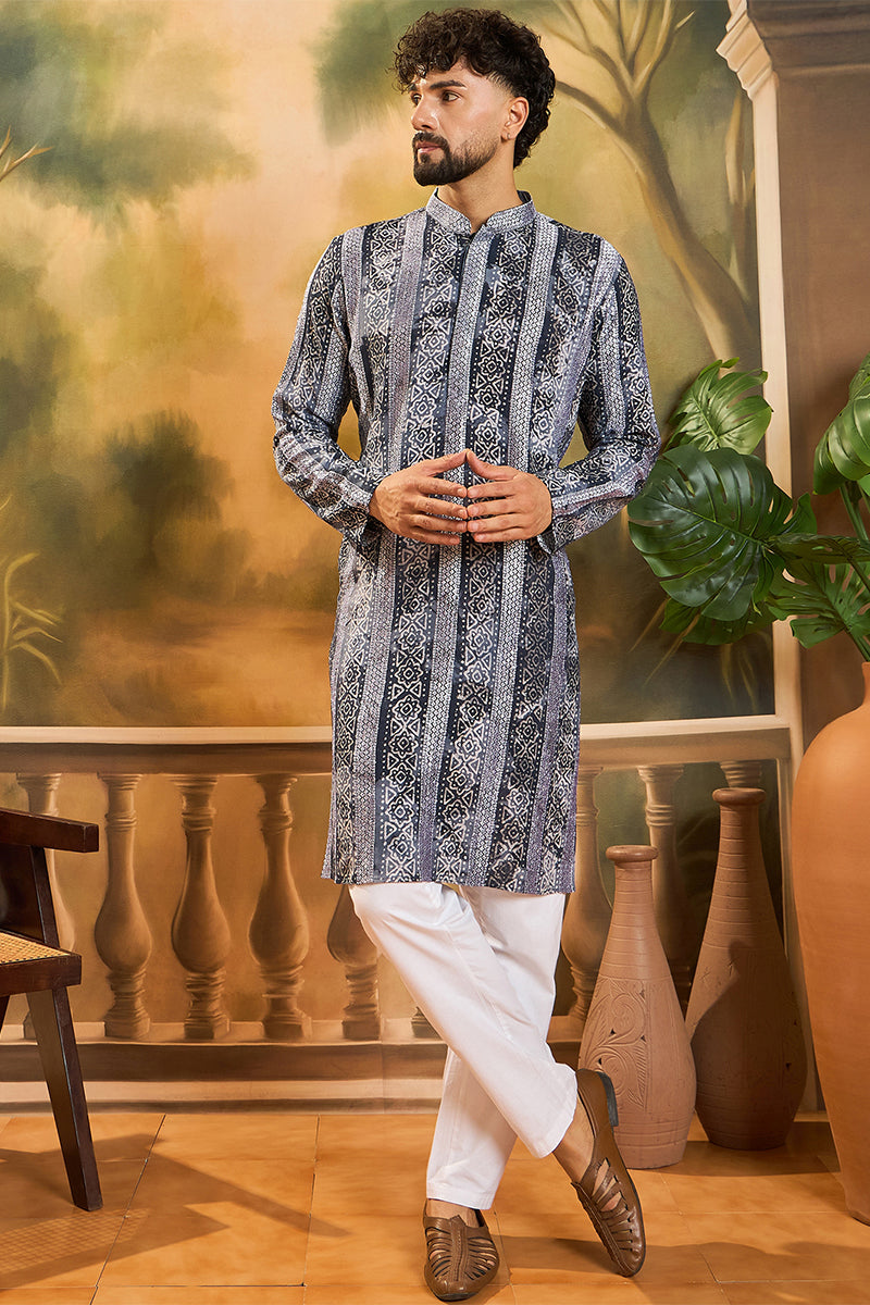 Blue Viscose Rayon Batik Printed Straight Kurta MKU1481