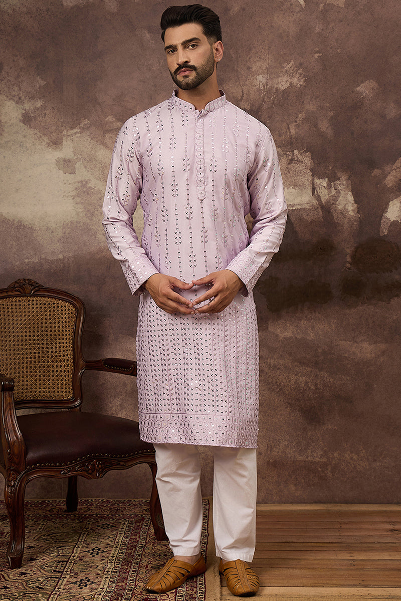 Lavender Silk Blend Solid Embroidered Straight Kurta MKU1359