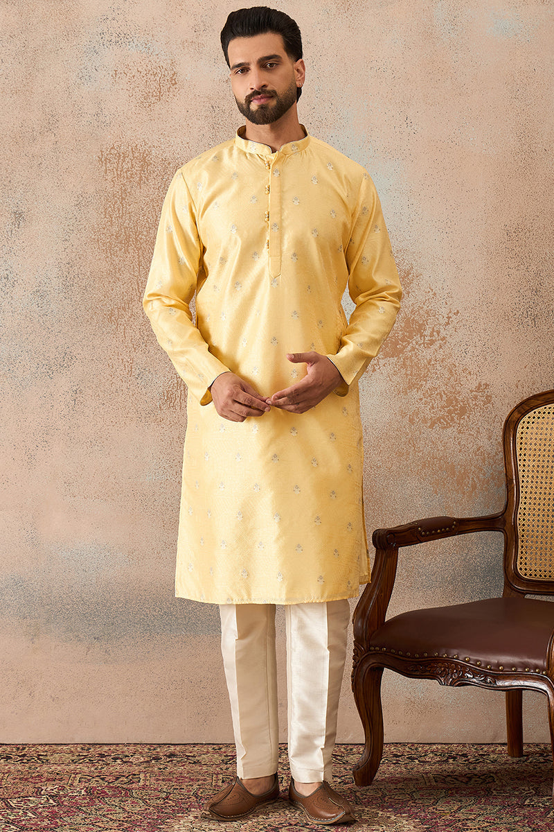 Yellow Silk Blend Floral Straight Kurta With Dupatta MKSET2216