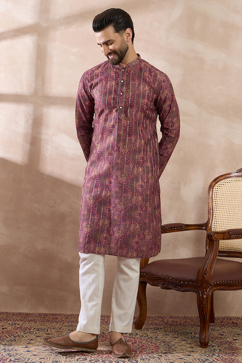 Purple Silk Blend Printed Mandarin Collar Straight Kurta With Trouser MKSET2023