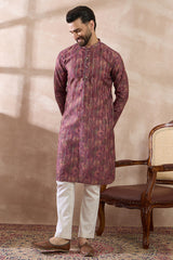 Purple Silk Blend Printed Mandarin Collar Straight Kurta With Trouser MKSET2023
