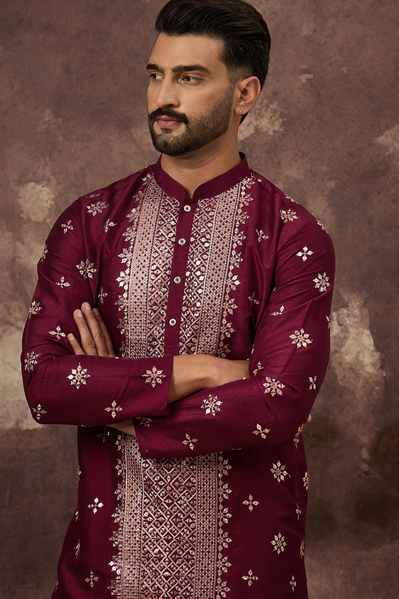 Maroon Silk Blend Embroidered Indian Wear for Men MKU1369 | DesiQlo