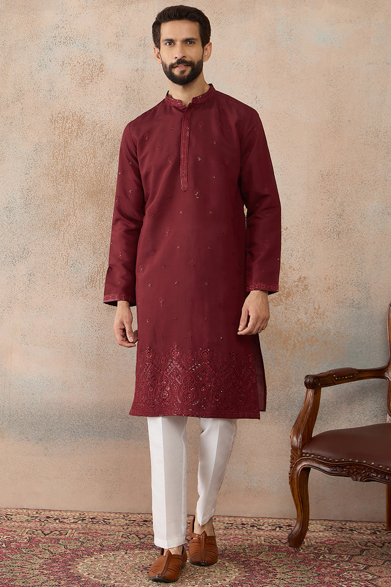 Maroon Silk Blend Solid Emboidered Straight Kurta With Trouser MKSET2289