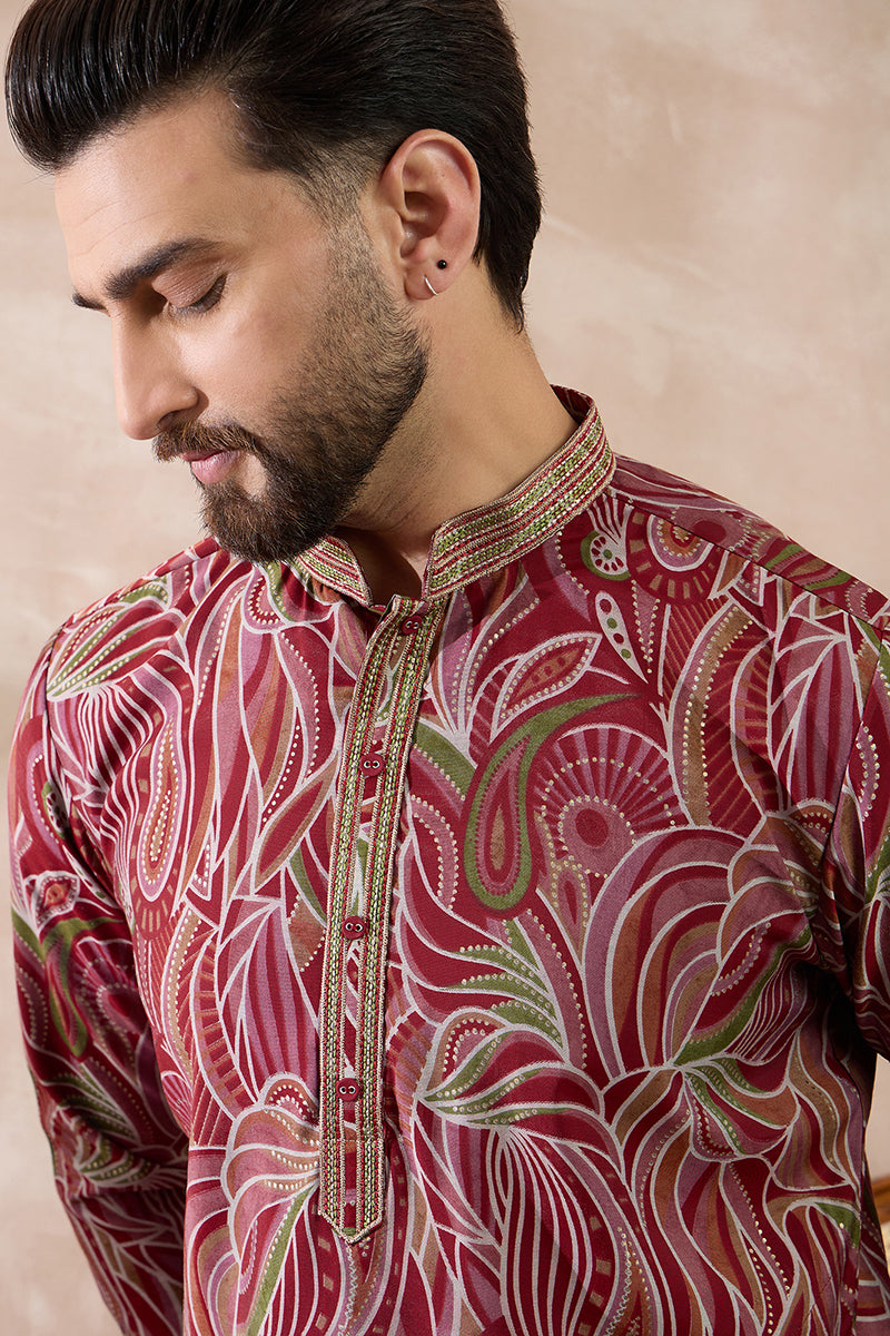 Red Silk Blend Printed Mandarin Collar Straight Kurta With Trouser MKSET1959