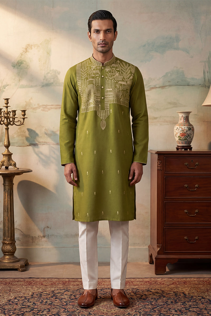 Green Silk Blend Solid Emboidered Straight Kurta MKU2373
