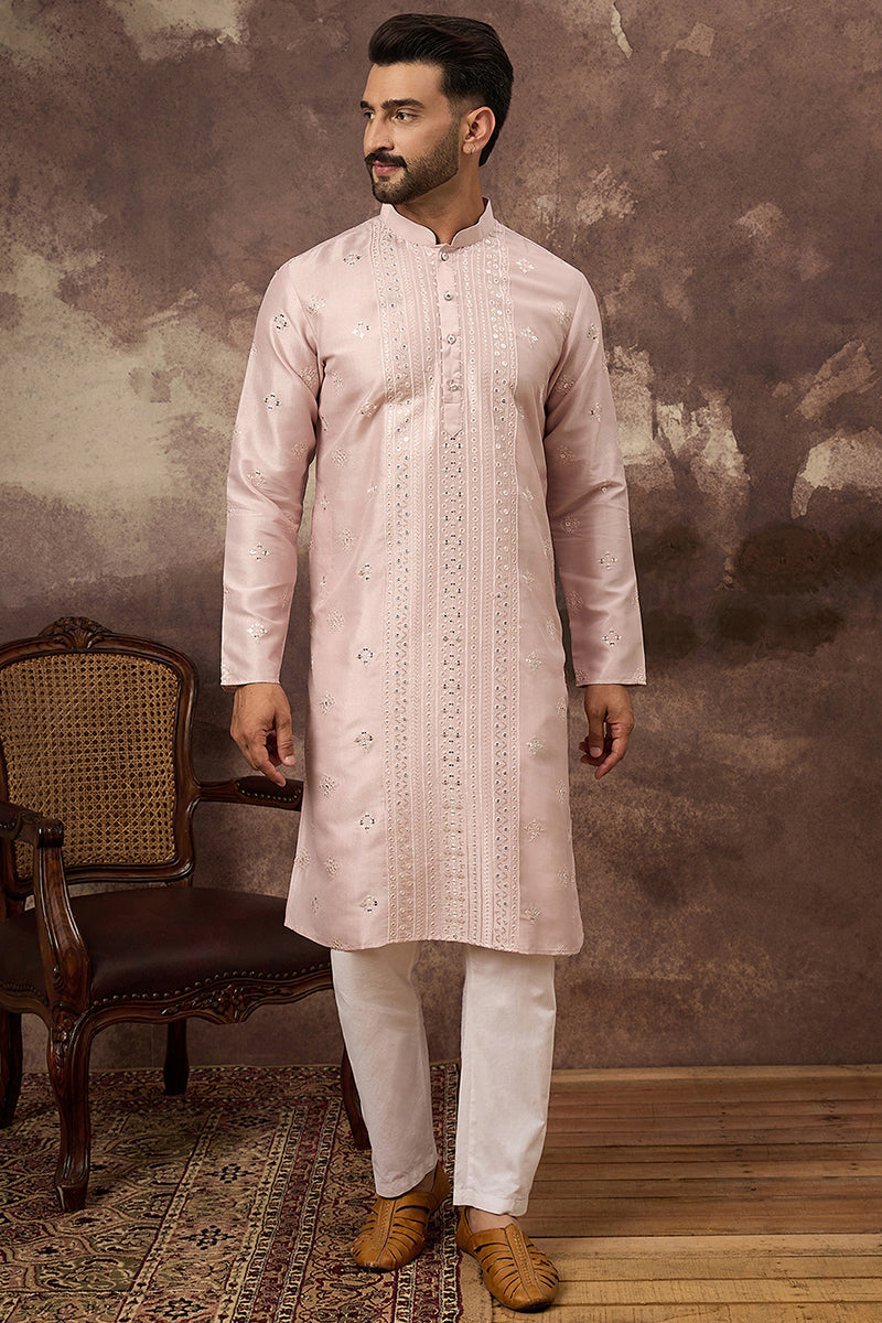 Pink Silk Blend Solid Embroidered Straight Kurta MKU1362