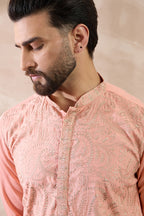 Peach Silk Blend Embroidered Mandarin Collar Straight Kurta With Trouser MKSET2045