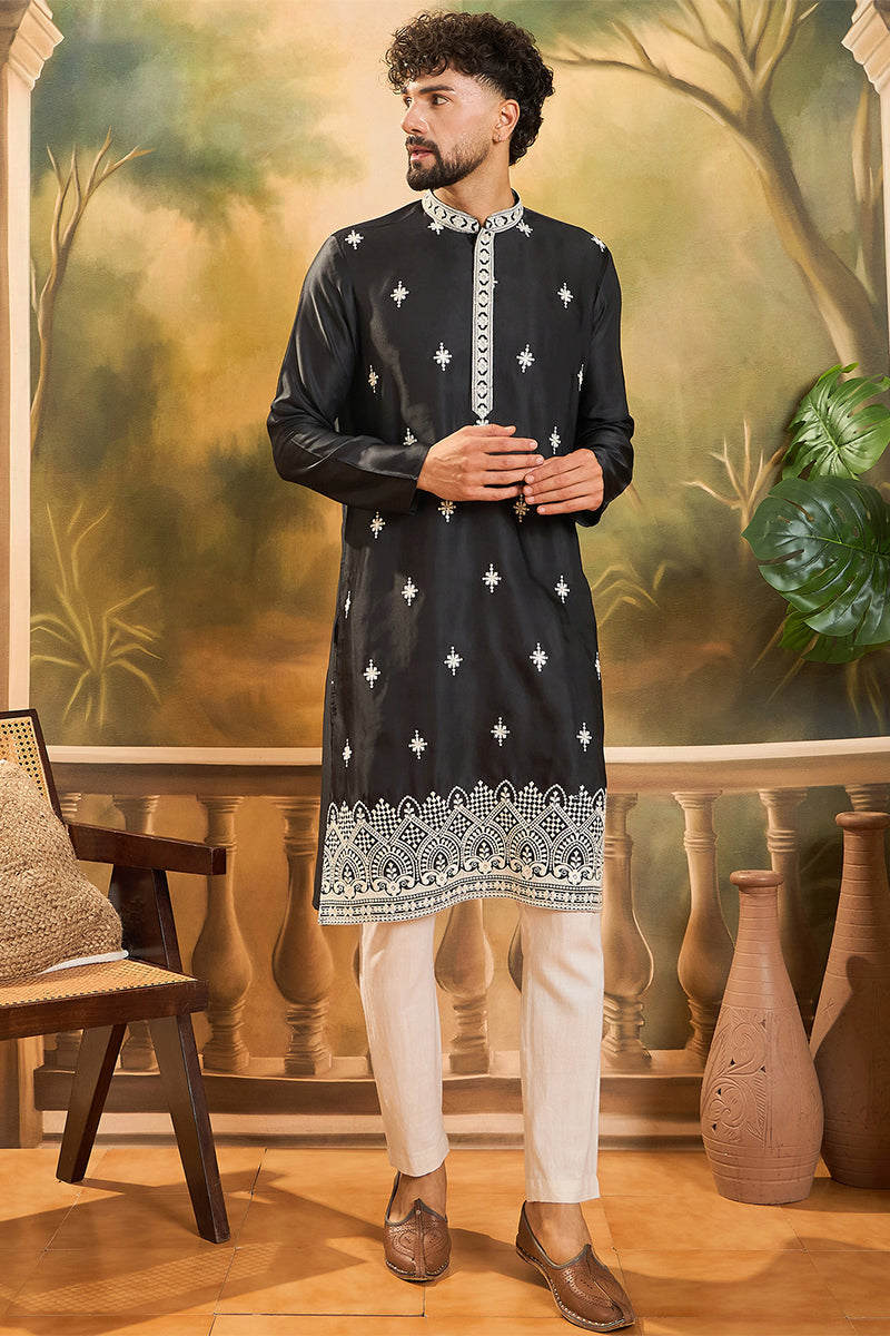 Black Silk Blend Solid Embroidered Straight Kurta MKU1441