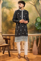 Black Silk Blend Solid Embroidered Straight Kurta MKU1441