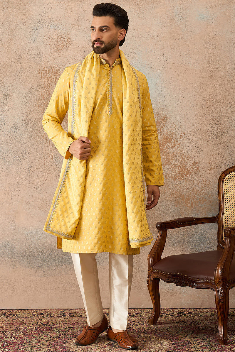 Yellow Jacquard Woven Design Floral Straight Kurta Sets MKPD1016