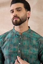 Green Silk Blend Printed Mandarin Collar Straight Kurta With Trouser MKSET2021