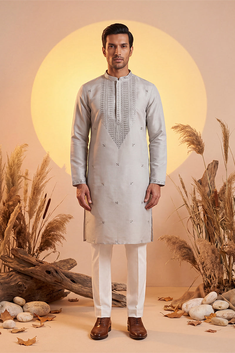 Grey Silk Blend Solid Emboidered Sequins Kurta MKU2280