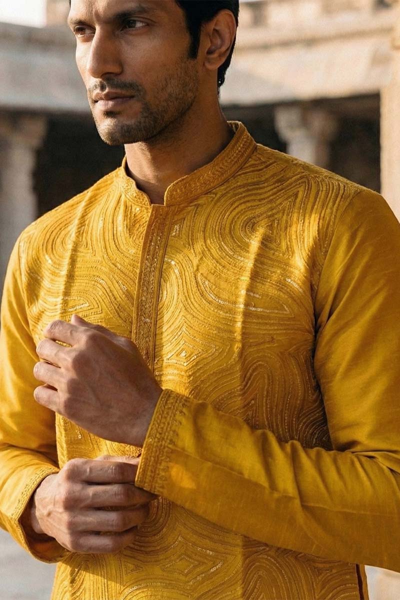 Yellow Silk Blend Embroidered Straight Kurta With Trousers MKSET2073