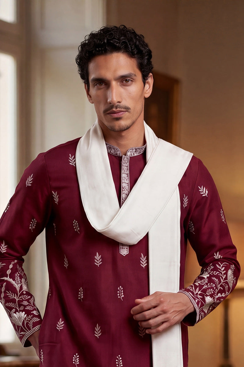 Maroon Silk Blend Solid Embroidered Straight Kurta Trouser with Dupatta MKPD1945