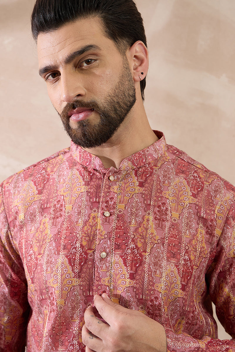 Pink Silk Blend Printed Mandarin Collar Straight Kurta With Trouser MKSET2054