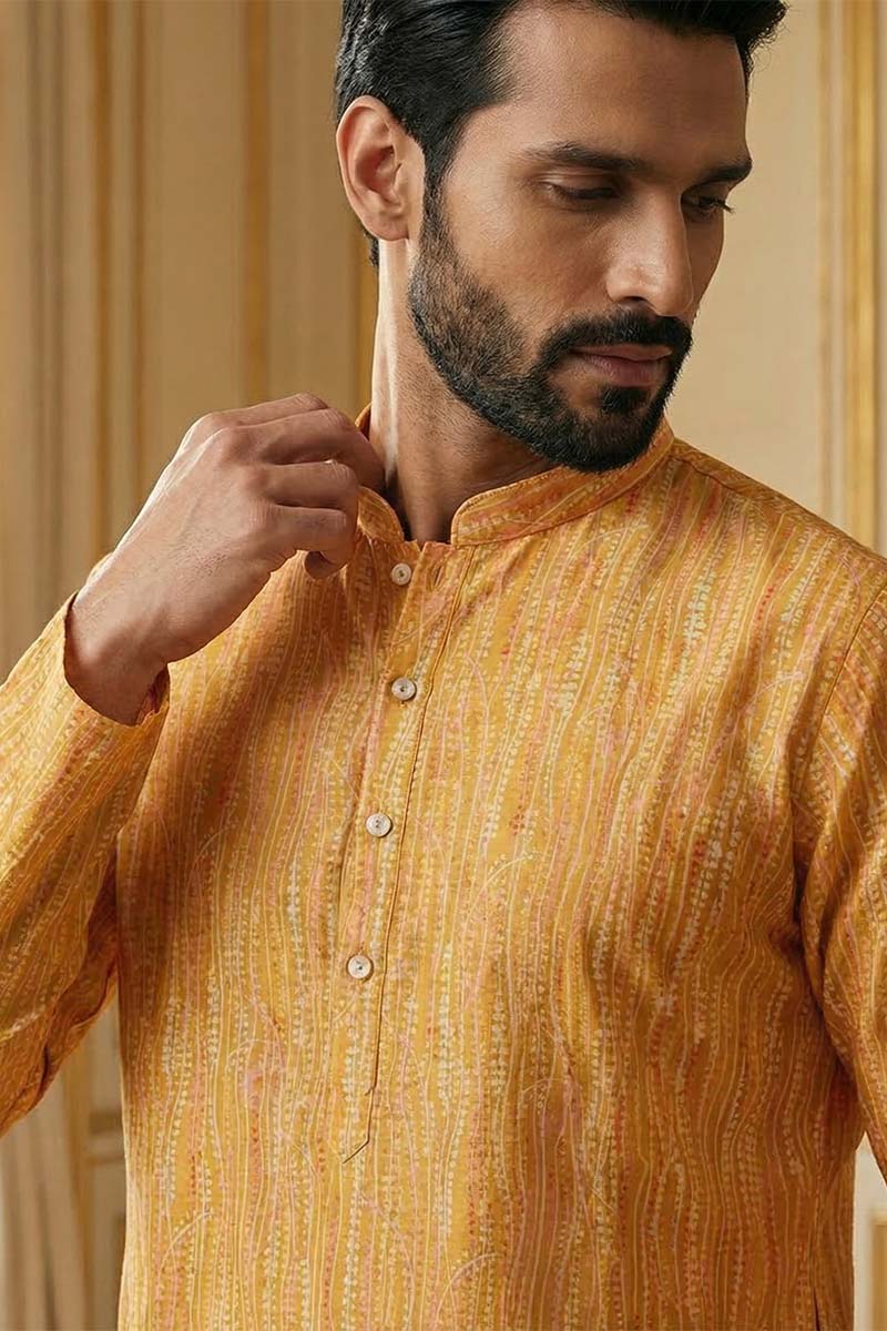 Yellow Silk Blend Printed Straight Kurta MKU2170