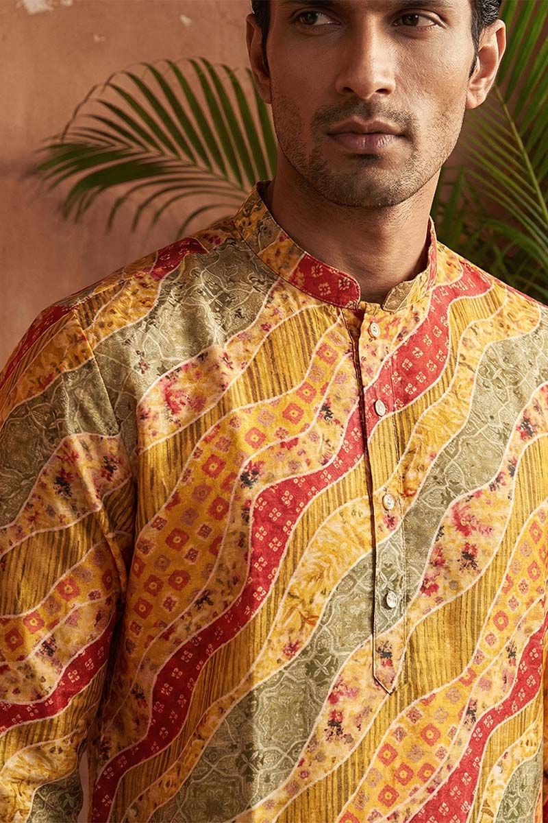 Yellow Silk Blend Printed Straight Kurta With Trousers MKSET2168