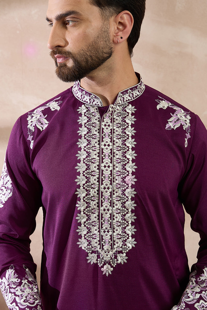 Purple Silk Blend Embroidered Mandarin Collar Straight Kurta MKU2018
