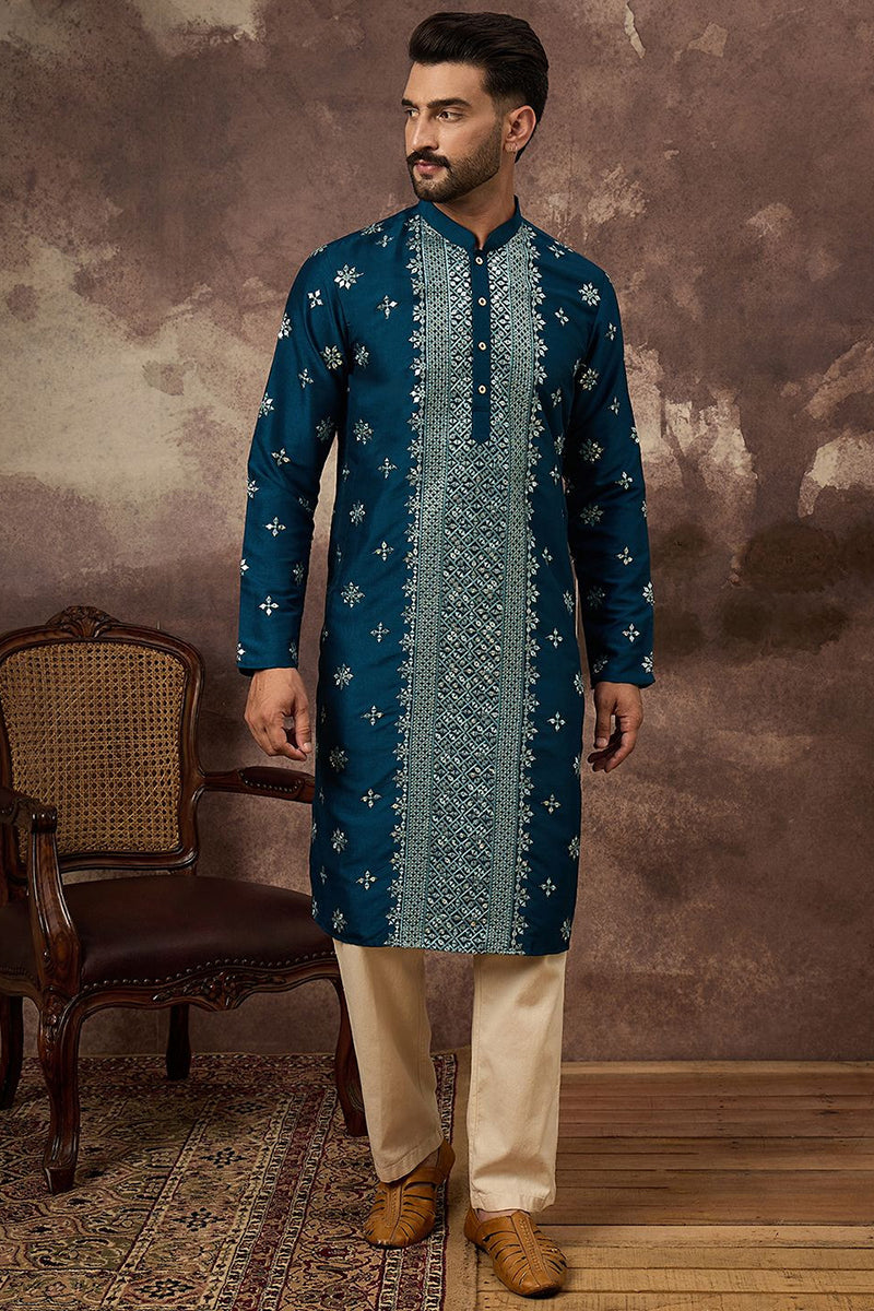 Blue Silk Blend Embroidered Indian Wear for Men MKU1371 | DesiQlo