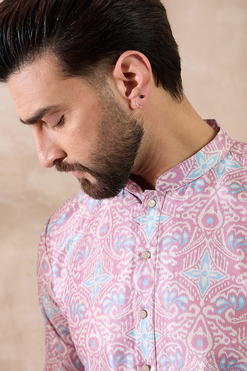 Lavender Silk Blend Printed Mandarin Collar Straight Kurta MKU1985