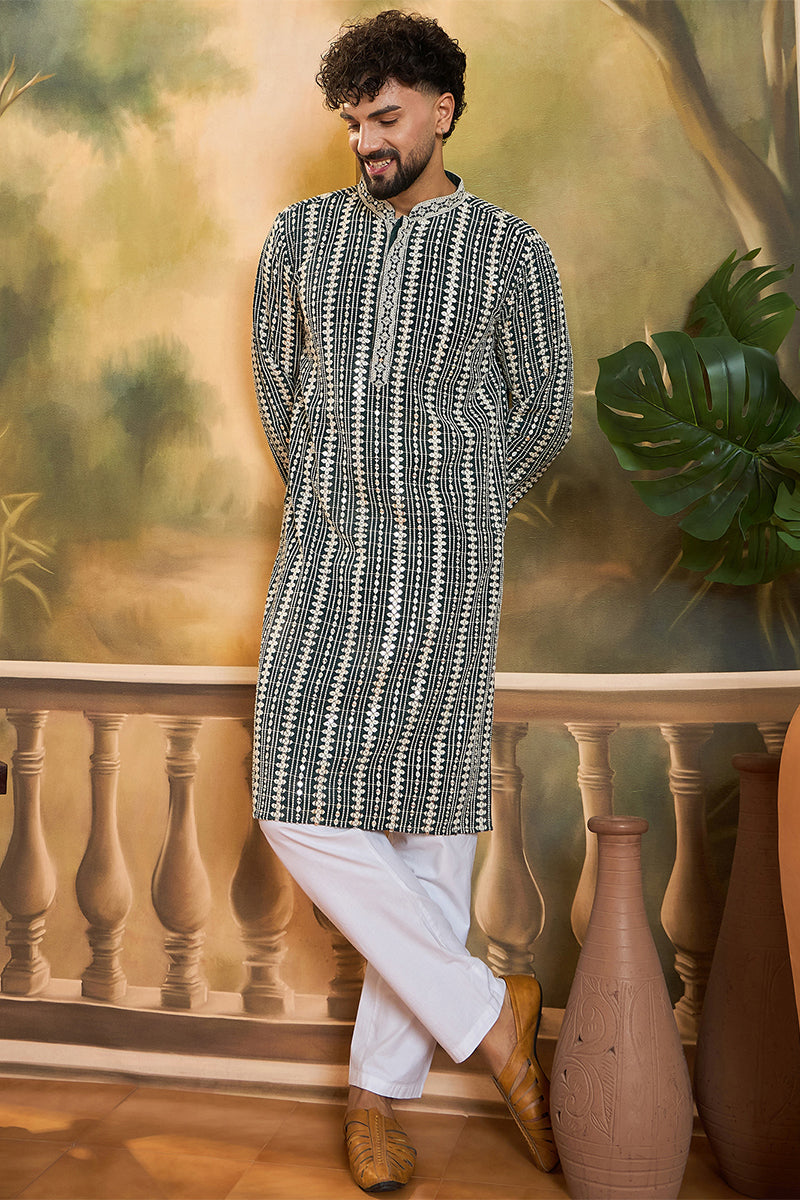 Teal Viscose Rayon Embroidered Kurta With Trousers MKSET1411