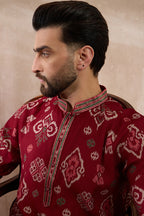 Red Silk Blend Printed Mandarin Collar Straight Kurta With Trouser MKSET1988
