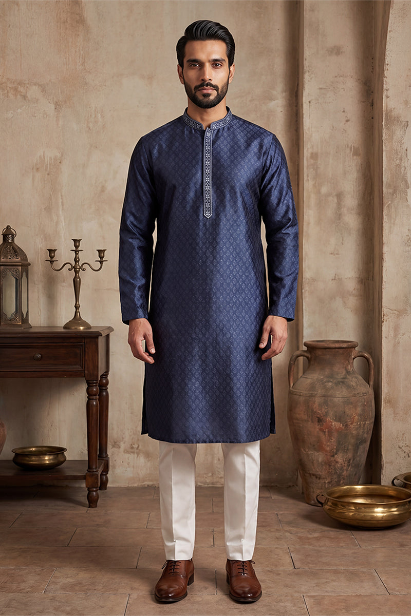 Blue Jacquard Woven Design Straight Kurta With Trouser MKSET2227
